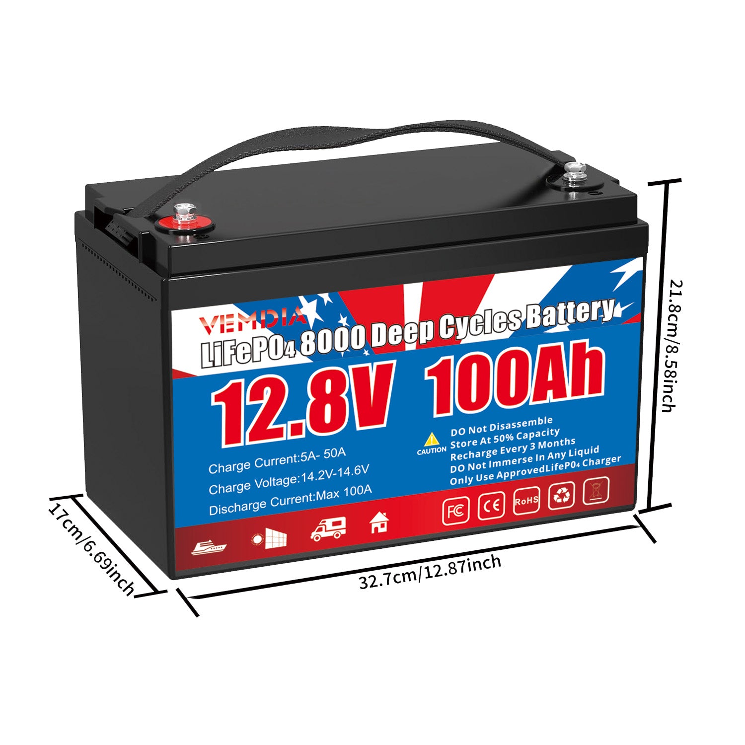Group 31 LiFePO4 Deep Cycle Battery - 100Ah 12V with 100A BMS &amp; Waterproof Design