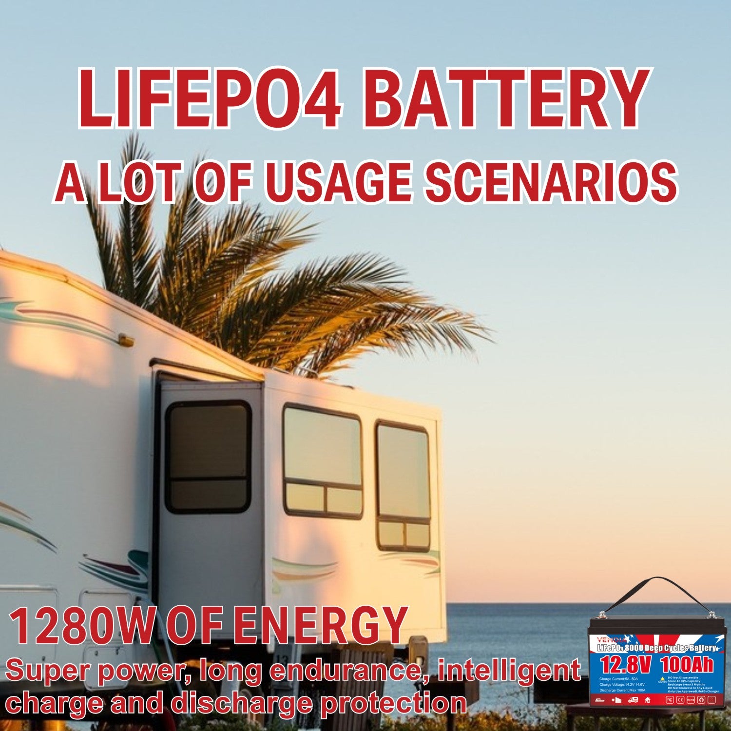 Group 31 LiFePO4 Deep Cycle Battery - 100Ah 12V with 100A BMS &amp; Waterproof Design