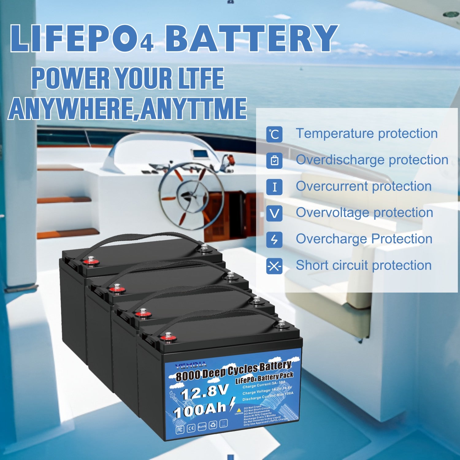 100Ah LiFePO4 Battery 12V | Smart 100A BMS | Marine & Solar