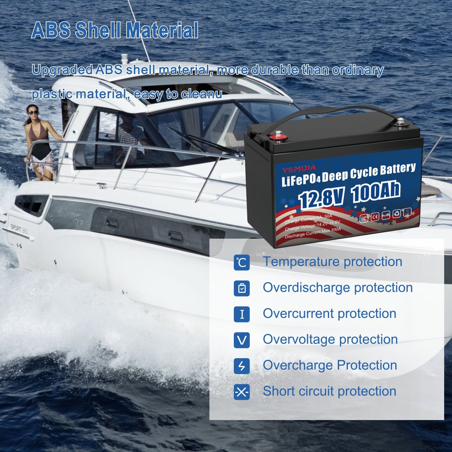 12V 100Ah LiFePO4 Battery - Group 31 Waterproof with 100A BMS for RV &amp; Marine