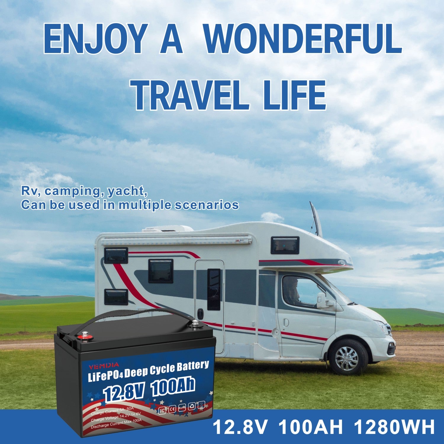 12V 100Ah LiFePO4 Battery - Group 31 Waterproof with 100A BMS for RV &amp; Marine