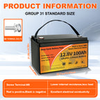 12V 100Ah LiFePO4 Battery Group 31 | 100A BMS 8000 Cycles