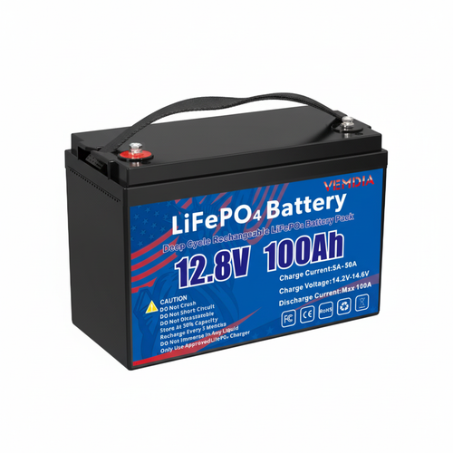VEMDIA 12.8V 100Ah LiFePO4 Battery - Angled View Small